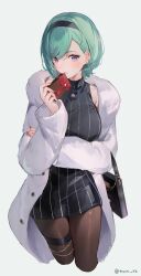  1girl absurdres aqua_hair black_bag black_dress black_hairband black_pantyhose box brown_nails coat commentary_request cropped_legs dress earrings gift gift_box hairband hand_on_own_arm highres isaya_(pixiv4541633) jewelry light_blush looking_at_viewer nail_polish open_clothes open_coat pantyhose parted_lips pinstripe_dress pinstripe_pattern revision short_hair simple_background solo thigh_strap twitter_username violet_eyes virtual_youtuber vspo! white_background white_coat yakumo_beni 