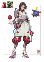  1girl ankle_boots armband armor arrow_(symbol) artist_logo ascot belt belt_pouch blue_eyes boots breast_pocket brown_hair closed_mouth coat commentary concept_art cross dated doctor drone food fruit full_body gloves highres inset_border julian_futanto knee_pads logo long_sleeves looking_at_viewer original pauldrons pocket pomegranate pouch red_armband red_ascot reference_inset shoulder_armor single_pauldron smile soldier solo standing untranslatable_commentary utility_belt white_background white_boots white_coat white_gloves 
