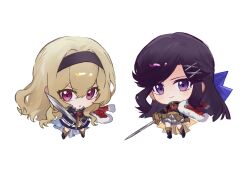  2girls arm_at_side black_boots black_hair black_hairband black_jacket blonde_hair blue_bow boots bow chibi closed_mouth full_body fur-trimmed_jacket fur_trim grey_skirt hair_between_eyes hair_bow hair_ornament hairband hand_up highres holding holding_sword holding_weapon jacket jacket_on_shoulders looking_at_viewer miniskirt multiple_girls nirvana_(w688348960) parted_bangs parted_lips pink_eyes red_jacket red_sash saijou_claudine sash shoujo_kageki_revue_starlight shoulder_sash sidelocks simple_background single_horizontal_stripe skirt smile standing sword tendou_maya v-shaped_eyebrows violet_eyes waist_cape wavy_hair weapon white_background x_hair_ornament 
