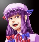  black_background bow bust hair_bow hat highres long_hair naniwadou open_mouth patchouli_knowledge payot purple_eyes purple_hair simple_background smile solo touhou troll_face violet_eyes 