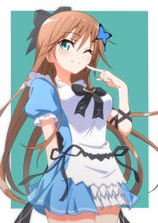  1girl ;) absurdres aqua_background aqua_eyes arm_behind_back black_bow blue_dress blush border bow breasts brown_hair butterfly_hair_ornament closed_mouth commentary_request cowboy_shot dress dress_bow eyes_visible_through_hair floating_hair frilled_sleeves frills hair_between_eyes hair_bow hair_ornament hand_up hapymaher heart-shaped_ornament highres index_finger_raised large_breasts long_hair looking_at_viewer one_eye_closed outside_border puffy_short_sleeves puffy_sleeves rishac_owo short_dress short_sleeves sidelocks simple_background smile solo split_mouth toriumi_arisu very_long_hair white_border 