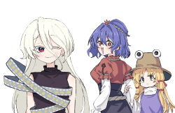  3girls angry black_dress black_skirt blonde_hair blush brown_hat closed_mouth commentary_request dress grey_hair hair_between_eyes hair_ornament hair_ribbon hat highres layered_sleeves leaf_hair_ornament long_hair long_hair_between_eyes long_sleeves looking_at_viewer meme meme_request moriya_suwako multiple_girls one_eye_closed open_mouth purple_hair red_eyes red_ribbon red_shirt ribbon ribbon_around_body shirt short_over_long_sleeves short_sleeves simple_background skirt sleeveless sleeveless_dress smile touhou tress_ribbon tsukira_kira turtleneck turtleneck_dress white_background wide_sleeves yasaka_kanako yuiman_asama yuri 