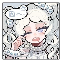  1girl baixiqixi400 bare_shoulders bead_choker beads blue_eyes border chinese_commentary chinese_text choker commentary commentary_request commission dancing_pearl_(infinity_nikki) drill_hair drooling fur_wrist_cuffs grey_background hair_bobbles hair_ornament hair_over_shoulder hair_scrunchie half-closed_eye infinity_nikki leotard light_blush long_hair looking_at_viewer nikki_(series) one_eye_closed open_mouth outline rubbing_eyes sample_watermark scrunchie sleepy solo speech_bubble squeans teeth translation_request twin_drills twintails untranslatable_commentary upper_body upper_teeth_only watermark watermark_grid white_border white_choker white_hair white_leotard white_outline white_scrunchie white_wrist_cuffs wrist_cuffs 