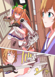  2girls anikinoihai893 animal_ears arisaka bayonet blunt_bangs bolt_action colt_single_action_army commentary_request golden_kamuy gun hairband highres hime_cut holding holding_gun holding_weapon horse_ears horse_girl multiple_girls orange_hair parody puffy_short_sleeves puffy_sleeves purple_shirt revolver rifle sailor_collar sailor_shirt school_uniform shirt short_sleeves silence_suzuka_(umamusume) skirt stab taiki_shuttle_(umamusume) tracen_school_uniform trigger_discipline umamusume weapon white_hairband white_skirt 