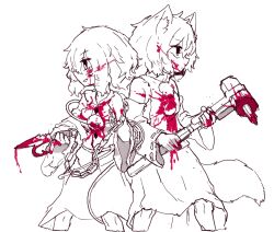  2girls animal_ear_fluff animal_ears blood blood_on_clothes blood_on_face blood_on_knife blood_on_weapon buttons chain chain_weapon detached_sleeves diamond_button eyeball greyscale highres holding holding_knife hook inubashiri_momiji knife komeiji_koishi medium_hair monochrome multiple_girls no_headwear open_mouth pom_pom_(clothes) rampa93 ribbon-trimmed_sleeves ribbon_trim shirt skirt smile spot_color tail third_eye touhou weapon wolf_ears wolf_girl wolf_tail 