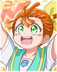  1girl aoneco aozora_middle_school_uniform aqua_sailor_collar arms_up artist_logo artist_name dated green_eyes hair_pulled_back hair_ribbon logo long_hair natsuumi_manatsu open_mouth orange_hair precure ribbon sailor_collar school_uniform serafuku shirt short_sleeves side_ponytail signature smile solo tropical-rouge!_precure white_shirt yellow_ribbon 