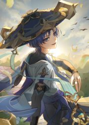  1boy absurdres artist_name bibi_(obb_spl) bird blue_eyes blue_hair bridal_gauntlets commentary day genshin_impact hat highres japanese_clothes jewelry leaning_back looking_at_viewer looking_to_the_side open_mouth outdoors pendant scaramouche_(genshin_impact) short_sleeves shorts signature sky smile solo standing sun sunrise too_many too_many_birds upper_body wanderer_(genshin_impact) 