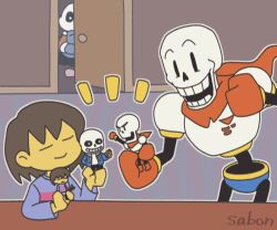  1other 2022 2boys 2d action_figure ambiguous_gender armor artist_name black_shorts blue_jacket blue_shirt blue_shorts blue_sweater brothers brown_hair character_figure child commentary digital_media door double_horizontal_stripe frisk_(undertale) gloves grey_hood grey_outline height_difference holding holding_figure hood hood_down hooded_jacket horizontal-striped_clothes human humanoid indoors jacket long_sleeves male monster monster_boy multiple_boys open_clothes open_door open_jacket outline papyrus_(undertale) pink_slippers pink_stripes red_gloves red_scarf sabon_t sans_(undertale) scarf shirt short_hair shorts siblings simple_background single_vertical_stripe skeleton slippers socks striped_clothes striped_shirt striped_shorts striped_sweater sweater teeth trio two-tone_shirt two-tone_sweater undead undertale utdr_(toby_fox) vertical-striped_clothes vertical-striped_shorts walking white_armor white_shirt white_socks white_stripes 