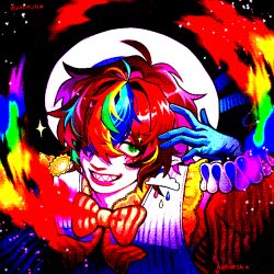  1boy aegyo_sal ahoge animification artist_name blue_gloves bow bowtie brown_hair clown colorful commentary crazy crazy_smile dithering earrings english_commentary eyelashes gloves green_eyes grin hair_over_one_eye hand_up hannnsh hermitcraft highres jewelry lips long_sleeves looking_at_viewer male_focus minecraft_youtube mismatched_earrings multicolored_hair multicolored_shirt official_alternate_costume pointy_ears rainbow rainbow_hair ringed_eyes sharp_teeth smallishbeans smile streaked_hair striped_bow striped_bowtie striped_clothes teeth upper_body variant_set vest white_vest yellow_bow yellow_bowtie 