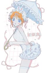  1girl :o animal_ears arm_warmers bare_shoulders blue_eyes blush_stickers bun_cover character_name chinese_clothes commentary cropped_legs double_bun dress frilled_dress frilled_umbrella frills gintama grid grid_background hair_bun hairband heart highres holding holding_umbrella kagura_(gintama) lace-trimmed_hairband lace_trim looking_at_viewer m_budat1 open_mouth orange_hair pink_ribbon rabbit_ears rabbit_tail ribbon shirt short_hair tail thigh-highs umbrella untranslatable_commentary white_background white_shirt white_thighhighs 