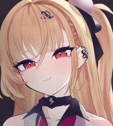  1girl :3 akaika_(aka) bare_shoulders blonde_hair cissia_(zenless_zone_zero) closed_mouth collarbone commentary_request dark_background earclip hair_between_eyes hair_ornament hairclip highres long_hair looking_at_another portrait red_eyes shock_collar solo zenless_zone_zero 