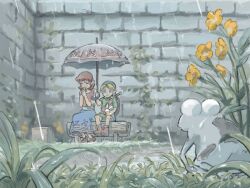  bench bent_over from_below grass holding holding_umbrella link oekaki rain stone_wall the_legend_of_zelda umbrella wooden_bench worried young_link 