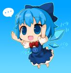  &#9320; 1girl :d ? blue_background blue_eyes blue_hair chibi cirno dress flying ice ice_wings lowres open_mouth outstretched_arms ran_system smile solo speech_bubble touhou translated translation_request wings ã¢â€˜â¨ â‘¨ 