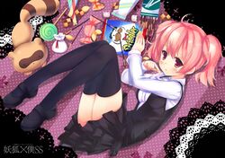  :3 bad_id black_legwear candy eating food inu_x_boku_ss liong lollipop pocky pringles red_eyes red_hair redhead roromiya_karuta short_hair skirt tanuki thigh-highs thighhighs twintails watanuki_banri 