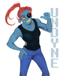  1girl 2022 2d anaizzzen anthro black_eyepatch black_tank_top blue_pants blue_skin character_name colored_sclera colored_skin colored_teeth commentary cowboy_shot digital_media ear_fins english_commentary eyepatch female female_only fins fish fish_girl hand_on_own_hip head_fins high_ponytail highres long_hair looking_at_viewer monster monster_girl pants pointing pointing_at_self pointing_with_thumb ponytail red_hair sharp_teeth simple_background slit_pupils solo tank_top teeth text undertale undyne utdr_(toby_fox) white_background yellow_sclera yellow_teeth 