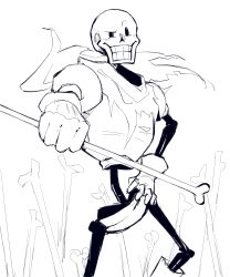  1boy 2022 2d anaizzzen armor bone cape commentary digital_media english_commentary fighting_stance floating_cape gloves hand_on_own_hip highres holding holding_bone humanoid male_focus male_only monochrome monster monster_boy papyrus_(undertale) shorts simple_background skeleton sketch solo teeth undead undertale utdr_(toby_fox) white_background 