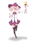  :d black_legwear bow detached_sleeves hair_bobbles hair_ornament hat highres magical_girl mirakurun open_mouth pink_hair smile solo thigh-highs thighhighs twintails wand wink witch_hat yoshino-9 yuru_yuri 