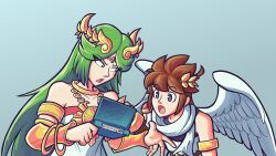  1boy 1girl ahoge angel angel_wings artist_logo blue_eyes brown_hair chain derivative_work dr._jei_pi gold_chain green_eyes green_hair handheld_game_console highres holding holding_handheld_game_console kid_icarus kid_icarus_uprising kid_icarus_uprising_tutorial_redraw_(meme) laurel_crown logo meme nintendo_3ds open_mouth palutena pit_(kid_icarus) wings 