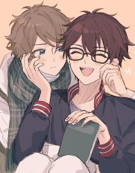  2boys absurdres aqua_eyes blush brown_hair chinese_commentary closed_mouth commentary_request ensemble_stars! eyes_visible_through_hair fingernails fua1heyvot4ifsr glasses hand_on_another's_cheek hand_on_another's_face hands_up highres long_sleeves looking_at_another male_focus mixed-language_commentary morisawa_chiaki multiple_boys notebook open_mouth partial_commentary scarf short_hair simple_background smile takamine_midori teeth upper_teeth_only 