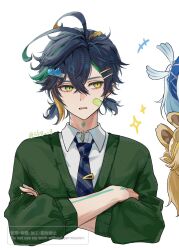  1boy 2girls animal_ears bandaid bandaid_on_cheek bandaid_on_face black_hair blonde_hair blue_headband blue_necktie crossed_arms earrings genshin_impact green_eyes green_hair green_sweater_vest hair_between_eyes hair_ornament hairclip headband highres jewelry kachina_(genshin_impact) kinich_(genshin_impact) male_focus mualani_(genshin_impact) multicolored_hair multiple_girls necktie open_mouth short_hair skg_g streaked_hair striped_clothes striped_necktie sweater_vest white_hair 