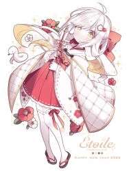  1girl 2025 ahoge blush bow cape closed_mouth commentary_request dot_mouth dress flower full_body hair_bow hair_ornament hairclip happy_new_year highres holding holding_stick japanese_clothes kimono kuzuhara_kazuya leaf long_hair looking_at_viewer nontraditional_miko okobo original platform_sandals red_bow red_dress red_flower sandals short_dress snake solo star-shaped_pupils star_(symbol) stick symbol-shaped_pupils thigh-highs white_cape white_flower white_hair white_kimono white_thighhighs yellow_eyes 