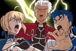  ! !? 1girl 2boys :o ^^^ archer_(fate) armor armored_dress artoria_pendragon_(fate) blonde_hair blue_hair cu_chulainn_(fate) dark-skinned_male dark_skin dress fate/stay_night fate_(series) gintama multiple_boys o_o saber_(fate) scene_reference song_yuzin spiky_hair surprised white_hair wide-eyed 