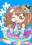  &gt;:o :3 afloat asymmetrical_legwear bare_shoulders bkub bkub_(style) blonde_hair blue_background blush bow bracelet brown_eyes brown_hair cup dress drinking elbow_gloves floral_background futaba_anzu gloves hair_bow hair_ornament idolmaster idolmaster_cinderella_girls innertube jewelry looking_at_viewer mini_hat minigirl moroboshi_kirari multiple_girls necktie one-piece_swimsuit simple_background single_thighhigh sitting sleeveless smile star_hair_ornament straw striped swimsuit thigh-highs thighhighs twintails wine_glass wink yellow_eyes 