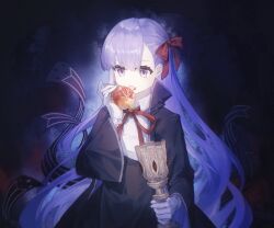  1girl bb_(fate) cup eating fate/extra fate_(series) food fruit gloves hair_ribbon highres holding holding_cup holding_food holding_fruit jacket long_hair minamisakura011 open_mouth pomegranate purple_hair ribbon shirt solo upper_body violet_eyes white_gloves 