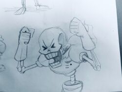  >o< 1boy 2025 2d angry armor cape commentary english_commentary gloves graphite_(medium) hands_up highres humanoid male male_focus male_only monochrome monster monster_boy open_mouth papyrus_(undertale) photo_(medium) shorts simple_background skeleton solo teeth traditional_media undead undertale upper_body utdr_(toby_fox) white_background ziivual 