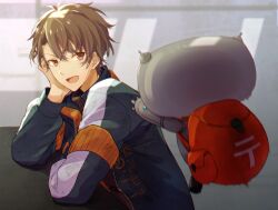  1boy 1other backpack bag black_jacket black_sweater brown_eyes brown_hair commentary_request crossed_bangs grey_armor hair_between_eyes hand_on_own_cheek hand_on_own_face hand_up head_rest indoors jacket jumping long_sleeves looking_at_another male_focus matsuri_(uuyuriih) mechanical_arms mechanical_legs multicolored_jacket open_clothes open_jacket open_mouth puffy_long_sleeves puffy_sleeves radio_antenna red_bag robot rune_(rne_at) short_hair smile sweater tongue turtleneck turtleneck_sweater two-tone_jacket uuyuriih's_prescription white_jacket 