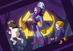  1other 2022 2boys 2d alternate_costume ambiguous_gender armor beanie black_shorts blue_jacket blue_shorts boots brothers brown_hair bucket cape child commentary cosplay crown digital_media english_commentary frisk_(undertale) from_side gloves gradient_background grey_hood halloween halloween_bucket halloween_costume hand_in_pocket hat height_difference highres holding holding_bucket holding_staff hood hood_down hood_up hooded_jacket human humanoid jacket jewelry long_sleeves male masters_of_the_universe masuniri monster monster_boy multiple_boys necklace orange_hat orange_shoes papyrus_(undertale) pearl_(splatoon)_(cosplay) pink_sweater pumpkin_hat purple_background purple_boots purple_hood red_cape red_gloves sans_(undertale) shoes short_hair shorts siblings single_vertical_stripe skeleton skeletor_(cosplay) skull skull_staff splatoon_(series) splatoon_2 staff striped_clothes striped_shorts sweater teeth trick_or_treat trio two-tone_sweater undead undertale utdr_(toby_fox) vertical-striped_clothes vertical-striped_shorts walking white_armor white_shoes white_stripes yellow_sleeves 