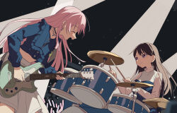  2girls ^_^ absurdres bang_dream! bang_dream!_it's_mygo!!!!! black_choker black_hair blue_jacket blush chihaya_anon choker closed_eyes coldcat. commentary_request commission drumsticks electric_guitar fang glowstick guitar highres holding holding_drumsticks holding_plectrum instrument jacket light_particles long_hair long_sleeves midriff multiple_girls music open_mouth penlight_(glowstick) pink_hair playing_drums playing_guitar playing_instrument plectrum second-party_source shiina_taki skirt violet_eyes white_skirt 