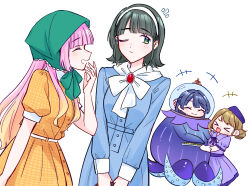  >_< +++ 4girls :d ;/ ^_^ alien_costume anyoji_hime anyoji_hime_(kaiten_no_shasou) black_hair blue_dress blue_hair blue_ribbon blush bow bowtie breasts briefcase brown_hair closed_eyes closed_mouth double_bun dress fishbowl_helmet flipped_hair green_bonnet green_eyes hair_bun hair_ribbon hairband half_updo hat highres holding holding_briefcase kachimachi_kosuzu kachimachi_kosuzu_(kaiten_no_shasou) link!_like!_love_live! long_sleeves love_live! medium_breasts medium_hair momose_ginko momose_ginko_(kaiten_no_shasou) multiple_girls murano_sayaka murano_sayaka_(sairin_no_shasou) notice_lines one_eye_closed open_mouth profile puffy_short_sleeves puffy_sleeves purple_dress purple_hat red_ribbon ribbon short_sleeves simple_background smile v_arms virtual_youtuber white_background white_bow white_bowtie white_hairband xd yellow_dress zangemiya 