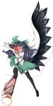  black_hair black_wings bow breasts cape fire fusanojou hair_bow highres long_hair open_mouth reiuji_utsuho skirt solo third_eye torn_clothes touhou wings 