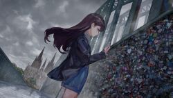  1girl absurdres bang_dream! bang_dream!_it's_mygo!!!!! black_hair black_jacket blue_shorts bridge closed_mouth clouds cloudy_sky cologne cologne_cathedral commentary commission english_commentary germany highres jacket lock long_hair mygo!!!!!_(bang_dream!) padlock real_world_location second-party_source shiina_taki shorts sky solo violet_eyes wb_yimo 