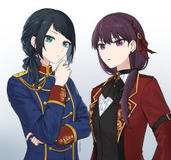  2girls ascot bang_dream! bang_dream!_it's_mygo!!!!! black_ascot black_hair black_vest blue_eyes blue_jacket blue_ribbon braid commentary_request earrings gradient_background hair_ribbon hand_up highres jacket jewelry long_hair long_sleeves low_side_ponytail medium_hair mole mole_under_eye multiple_girls parted_lips purple_hair rankaku red_jacket red_ribbon ribbon shiina_taki upper_body vest violet_eyes yahata_umiri 