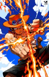  1boy black_hair black_shorts borudbrian cowboy_shot fire hat highres jewelry male_focus midair necklace one_piece orange_hat portgas_d._ace short_hair shorts shoulder_tattoo solo tattoo topless_male 