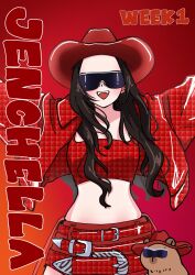  1girl blackpink brown_hair capybara commentary english_commentary hat highres jacket jennie_(blackpink) long_hair looking_at_viewer midriff navel open_mouth outstretched_arms red_background red_hat red_jacket red_theme samarundao skirt smile sunglasses 