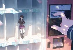  2girls absurdres artist_request bang_dream! bang_dream!_it's_mygo!!!!! black_hair black_jacket black_shoes black_socks chinese_commentary closed_mouth commentary_request commission crossed_arms dappled_sunlight haneoka_school_uniform highres jacket kneehighs loafers long_hair long_sleeves mini_person mole mole_under_eye multiple_girls necktie one_eye_closed plaid_clothes plaid_skirt pleated_skirt purple_necktie purple_skirt school_uniform second-party_source shiina_taki shoes skirt socks sunlight togawa_sakiko tsukinomori_school_uniform vending_machine violet_eyes 