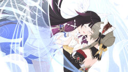  2girls absurdres arm_ribbon black_bow black_hair blush bonnet bow braid brown_hair bun_with_braided_base closed_eyes columbina_(genshin_impact) commentary_request crying detached_sleeves dress facing_another frilled_sleeves frills gem genshin_impact gloves gradient_hair hair_bow hair_bun hair_ribbon head_wings highres holding_hands interlocked_fingers long_hair long_sleeves mask multicolored_hair multiple_girls open_mouth purple_hair purple_streaks red_gem ribbon rino_(monochrome_rino) sandrone_(genshin_impact) solo streaming_tears tearing_up tears two-tone_hair very_long_hair white_bow white_dress white_gloves white_ribbon white_wings wings yellow_bow yuri 