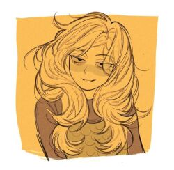  1girl amphibia armor commentary hair_down lifeisassholee long_hair mole mole_under_eye sasha_waybright shirt smile solo yellow_theme 