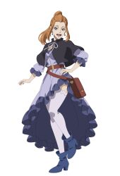  1girl absurdres bag black_capelet black_clover black_clover_m:_rise_of_the_wizard_king blue_boots boots brown_bag brown_hair capelet dominante_code dress earrings full_body high_heel_boots high_heels highres incredibly_absurdres jewelry long_hair looking_at_viewer non-web_source official_art open_mouth purple_dress shoulder_bag simple_background solo teeth thigh-highs transparent_background upper_teeth_only violet_eyes white_thighhighs 