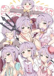  1girl :d ;p blush brown_eyes buttons character_name closed_eyes closed_mouth dot_nose double-breasted dress flower food grey_jacket hair_flower hair_intakes hair_ornament hand_up holding holding_food holding_ice_cream holding_polearm holding_weapon ice_cream idolmaster idolmaster_cinderella_girls jacket koshimizu_sachiko kuresuku_(lessons) looking_at_viewer multiple_views one_eye_closed open_mouth outstretched_arms pinafore_dress polearm purple_dress purple_hair shirt short_hair short_sleeves simple_background sleeveless sleeveless_dress smile spread_arms sweat tongue tongue_out trident weapon white_background white_shirt 