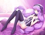  alternate_costume bed black_legwear book bottomless flower hair_tie hairband hands_on_own_chest long_hair nanao_yuki no_panties patchouli_knowledge purple_eyes purple_hair purple_rose rose solo thigh-highs thighhighs touhou violet_eyes 