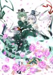  dress flower green_dress green_eyes green_hair grey_eyes grin hat japanese_clothes kariginu langlang mononobe_no_futo multiple_girls petals ponytail short_hair silver_eyes silver_hair smile soga_no_tojiko tate_eboshi touhou 