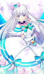  1girl absurdres aqua_bow aqua_bowtie blue_choker blue_crown blue_eyes blue_hairband blunt_bangs bow bowtie brooch choker closed_mouth commentary crown crown_earrings cure_nyammy dress dress_bow earrings elbow_gloves full_moon gloves grey_hair hair_bow hairband half-closed_eyes half_gloves hand_in_own_hair heart heart_brooch highres jewelry long_hair looking_at_viewer magical_girl mini_crown mitsuki_tayura moon nekoyashiki_yuki night off-shoulder_dress off_shoulder outdoors pouch precure short_dress smile solo sparkle standing tilted_headwear very_long_hair white_dress white_gloves wonderful_precure! 