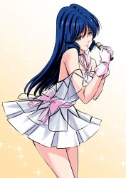 1980s_(style) 1girl blue_hair choujikuu_yousai_macross commentary_request dress gloves highres long_hair lynn_minmay macross microphone retro_artstyle shiruco skirt smile solo white_dress 