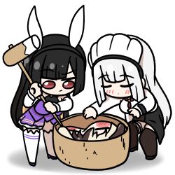  3girls animal_ear_headband animal_ears baekto_(last_origin) black_hair blush_stickers breasts brown_hair chef chef_hat chibi clooliss closed_eyes commentary_request detached_sleeves dog_ears dog_girl dress food grey_hair hachiko_of_castling hat highres jewelry kine korean_commentary large_breasts last_origin long_hair mallet mini_chef_hat mini_hat mochi mochitsuki multicolored_hair multiple_girls neckerchief red_eyes skirt sowan_(last_origin) thigh-highs thighlet two-tone_hair very_long_hair white_background 