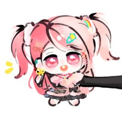  1girl badge barefoot bead_necklace beads black_bow black_jacket black_skirt bow chibi chinese_commentary commentary_request ear_piercing earrings fengmi_youzi_hua frilled_bow frilled_skirt frills fur-trimmed_jacket fur_trim gyaru hair_ornament hair_scrunchie hairclip hand_on_own_ear happy heart heart_hair_ornament highres infinity_nikki jacket jewelry light_blush long_hair long_sleeves miniskirt multicolored_hair necklace nikki_(series) notice_lines open_mouth piercing pink_bow pink_eyes pink_hair pink_scrunchie rainbow_hair_ornament ribbon ribbon_earrings rosie_sweetheart_(infinity_nikki) scrunchie selfie simple_background single_earring single_sidelock skirt smile solo split-color_hair star_(symbol) star_hair_ornament teeth two_side_up upper_teeth_only very_long_hair waist_bow white_background white_scrunchie x_hair_ornament y2k_fashion yellow_ribbon 