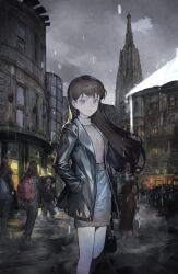  1girl austria bang_dream! bang_dream!_it's_mygo!!!!! black_bag black_hair black_jacket brown_sweater commentary commission english_commentary grey_skirt hand_in_pocket highres jacket long_hair looking_at_viewer mole mole_under_eye open_clothes open_jacket parted_lips people rain real_world_location second-party_source shiina_taki skirt solo_focus sweater vienna violet_eyes wb_yimo 